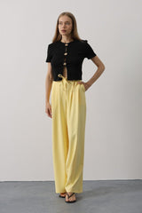 Pileli Bağcıklı Oversize Pantolon - Siyah