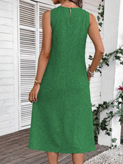 Kadın Kolsuz Bisiklet Yaka Cepli Midi Keten Elbise