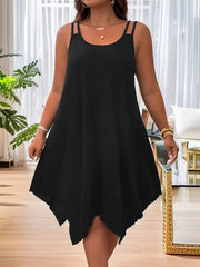 Kadın Askılı Yuvarlak Asimetrik Kesim Detaylı Viskon Elbise