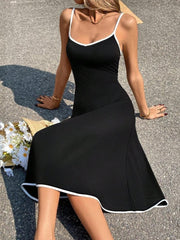 Kadın Ip Askılı Geniş V Yakalı Midi Janjan Krep Elbise