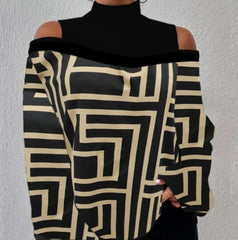 0Kadın Uzun Kollu Balıkçı Yaka Omuz Pencereli Labirent Dijital Baskılı şardonlu Dalgıçsalaş Bluz