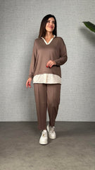 Polo Yaka Gömlek Detay Salaş Balon Pantolunlu ıkılı Takım