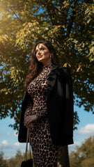 Kadın Uzun Kollu Balıkçı Yaka Leopar Desenli Midi Boy Elbise