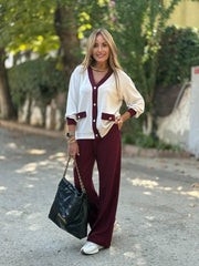 Kadın Uzun Kollu Ribanali Cep Detay Hırka Ve Bol Paça Pantolon Ikili Takım