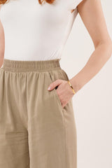 Bel Lastikli Paça Detaylı Cepli Krem Pantolon