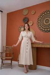 Bej Düğmeli Keten Elbise