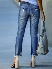 Kadın Dar Kesim Cepli önden Yırtık Desenli Denim Pantolon