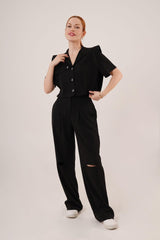 Cepli Düğmeli Bluz Ve Diz Detaylı Pantolon Gri İkili Takım