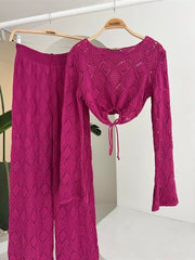 Göğüs Bağcık Detaylı Ajurlu Bluz Pantolon Takım 10098