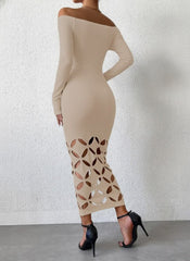 Kadın Madonna Yaka Uzun Kollu Lazer çiçek Kesim Detaylı Uzun Ithal Krep Elbise