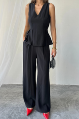 V YAKA KOLSUZ BLUZ - PANTOLON TAKIM MODAL KUMAŞ - Siyah