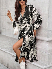 Kadın Uzun Kollu Kruvaze Yakalı Yandan Bağlamalı Desenli Mini Modal Elbise