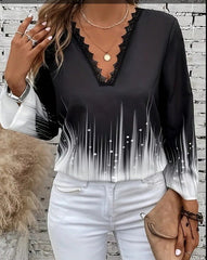 Kadın Uzun Kollu V Dantel Yaka Desenli Modal Bluz