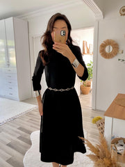 Kadın Uzun Truvakar Kol Bisiklet Yaka Midi Modal Elbise