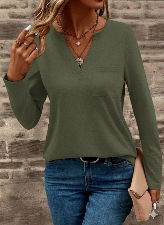 Kadın Uzun Kollu Cepli V Yakalı Viskon Iki Iplik Bluz