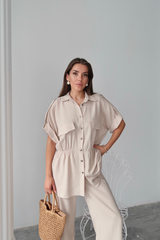 KETEN BELDEN BÜZGÜ DETAYLI GÖMLEK - PANTOLON TAKIM - Bej