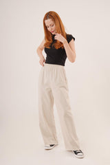 Bel Lastikli Paça Detaylı Cepli Krem Pantolon