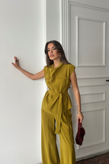 TENCEL MODAL KOLSUZ BLUZ KAPALI CEP DETAYLI DÖKÜMLÜ - PANTOLON TAKIM - Bej