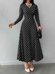 Kadın Siyah Tam Boy Beyaz Puantiyeli Elbise