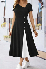 Kadın kısa kollu asimetrik yakalı düğme detaylı midi viskon elbise