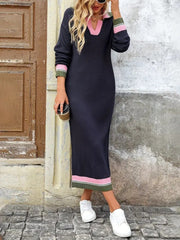 Kadın Uzun Kollu Yakalı çok Renkli Triko Uzun Elbise
