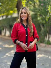 Kadın Uzun Kollu Ribanali Cep Detay Hırka Ve Bol Paça Pantolon Ikili Takım