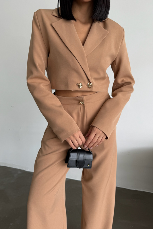 CROP CEKET - PANTOLON TAKIM GOLD DÜĞME DETAYLI - Kahverengi