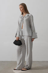 Çzgili Bağlamalı Pantolon Takım - Mavi