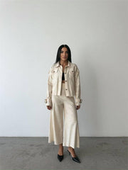 KETEN PÜSKÜL DETAYLI GÖMLEK-PANTOLON TAKIM - Ham