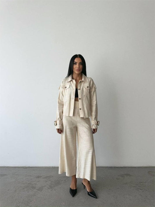 KETEN PÜSKÜL DETAYLI GÖMLEK-PANTOLON TAKIM - Ham