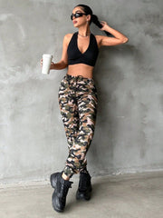 Kadın Yüksek Bel Kamuflaj Baskılı Bileği Lastik Detay İki İplik Pantolon