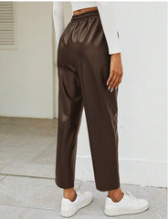 Kadın Yüksel Bel Bağcıklı Deri Pantolon