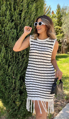 Kadın Kolsuz V Yaka Eteği Püsküllü çizgi Desen Triko Elbise