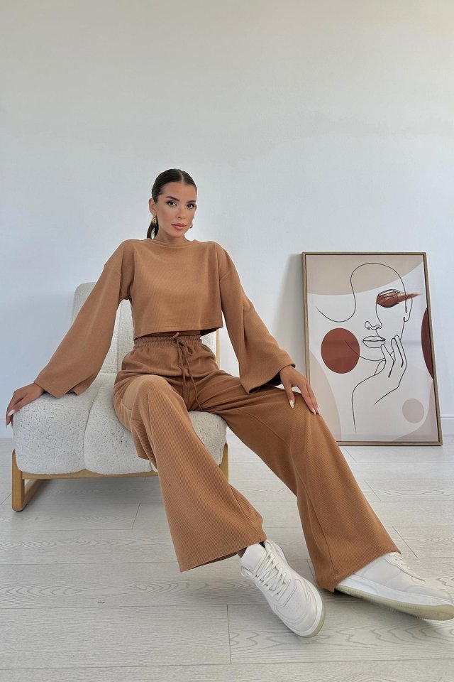 Camel Fitilli Bluz Ve Pantolon Takım