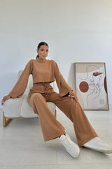 Camel Fitilli Bluz Ve Pantolon Takım