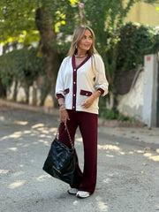 Kadın Uzun Kollu Ribanali Cep Detay Hırka Ve Bol Paça Pantolon Ikili Takım