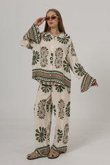 Desenli Kolları Volanlı Pantolon Takım - Haki