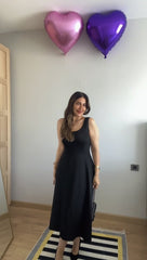 Kadın Askılı Kare Yaka Yırtmaçlı Midi Janjan Krep Elbise