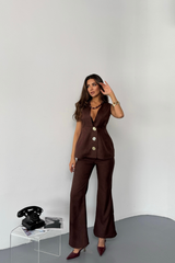 KETEN GOLD DÜĞMELİ YELEK - PANTOLON TK - Bej
