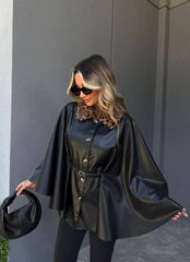 Kadın Uzun Kollu Leopar Yaka Detay Kuşak Dahil Deri Panço