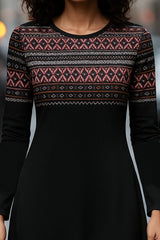 Kadın Uzun Kollu Bisiklet Yaka Etnik Desenli Kısa şardonlu Dalgıç Elbise