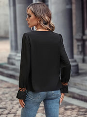 Kadın Uzun Kollu V Yakalı Leopar Detaylı Krep Bluz