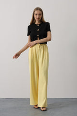 Pileli Bağcıklı Oversize Pantolon - Siyah