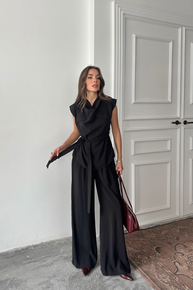 TENCEL MODAL KOLSUZ BLUZ KAPALI CEP DETAYLI DÖKÜMLÜ - PANTOLON TAKIM - Siyah