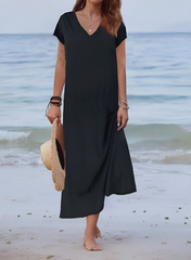 Kadın Kısa Kollu V Yaka Tam Boy Zebra Desen Pegasus Kumaş Elbise