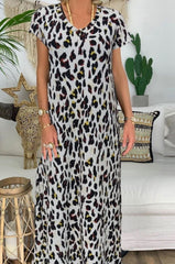 Kadın Kısa Kollu V Yaka Tam Boy Zebra Desen Pegasus Kumaş Elbise