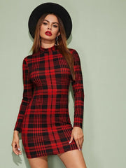 Kadın Uzun Kollu Yarım Balıkçı Yaka Ekose Desen Mini Dalgıç Elbise