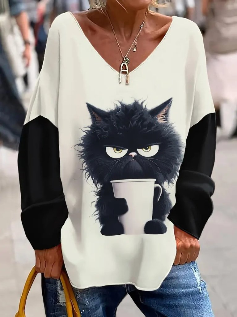 Kadın Uzun Kollu V Yakalı Kedi Baskılı şardonlu Dalgıç Bluz