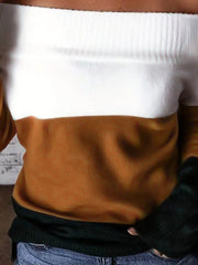 Kadın Uzun Kollu Omuzlardan Açık Uzun Kollu Blok çizgili Triko Bluz