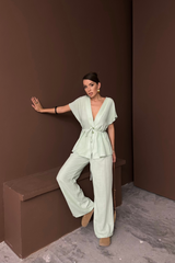 KETEN V YAKA BELDEN BAĞLAMALI BLUZ-PANTOLON TAKIM - Mavi